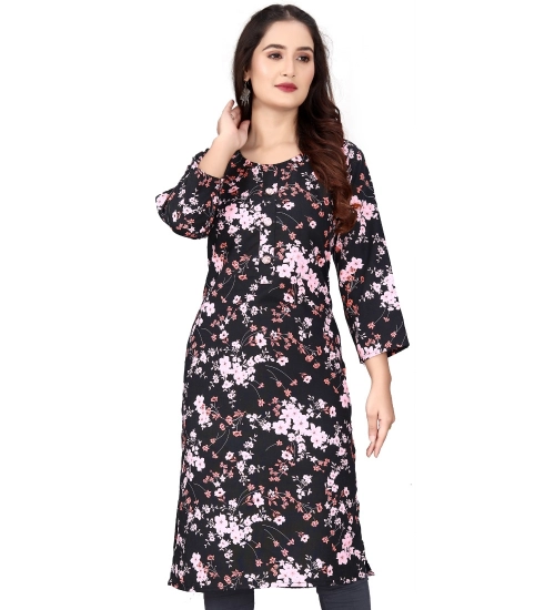 Women's Rayon Printed Round Neck 3-4 th Sleeve Kurti (Black)