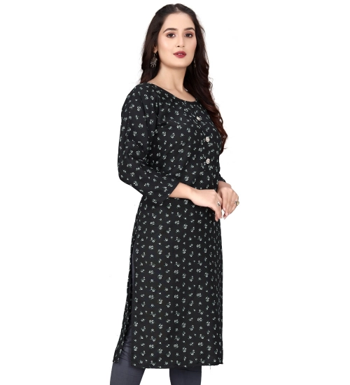 Women's Rayon Printed Round Neck 3-4 th Sleeve Kurti (Black)