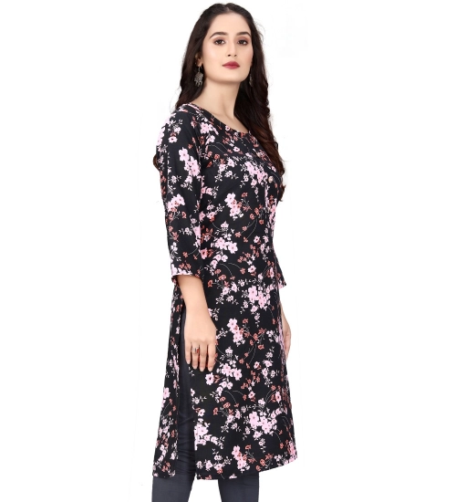 Women's Rayon Printed Round Neck 3-4 th Sleeve Kurti (Black)
