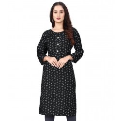 Women's Rayon Printed Round Neck 3-4 th Sleeve Kurti (Black)