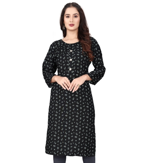 Women's Rayon Printed Round Neck 3-4 th Sleeve Kurti (Black)