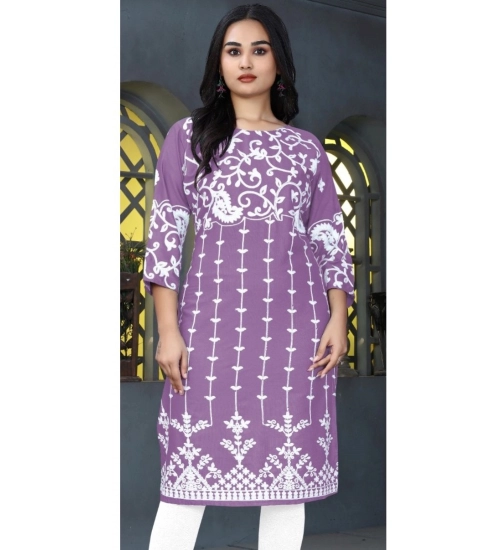 Women's Rayon Printed Round Neck 3-4th Sleeve Kurti (Lavender)