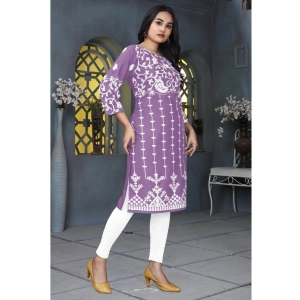 Generic Women's Rayon Printed Round Neck 3-4th Sleeve Kurti (Lavender)