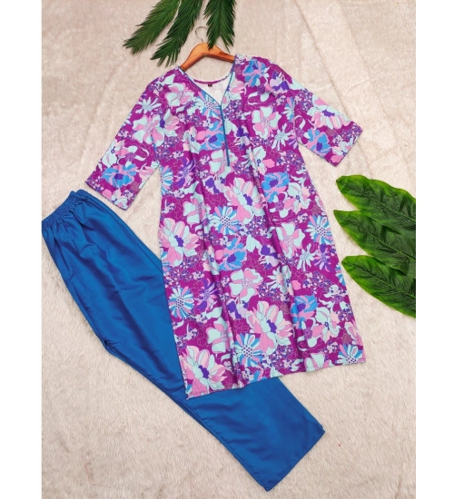 Women's Rayon Printed V Neck 3-4th Sleeve Kurti With Pant Set (Purple)