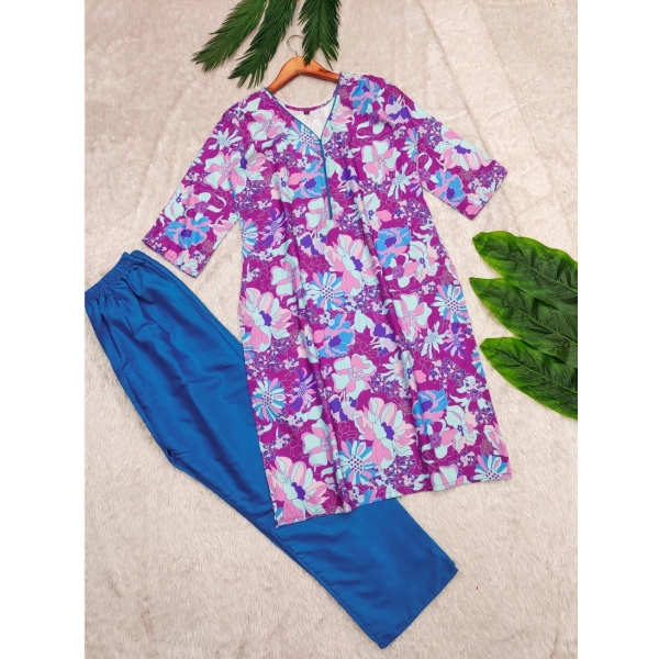 Dropship Women's Rayon Printed V Neck 3-4th Sleeve Kurti With Pant Set (Purple)