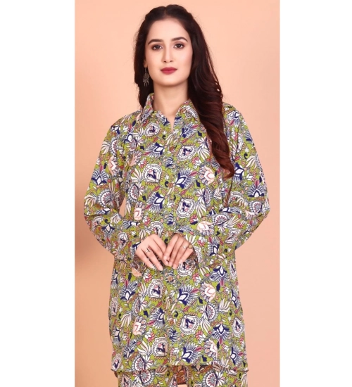 Women's Rayon Printed Mandarin Collar Full Sleeve Co Ord Set (Green)