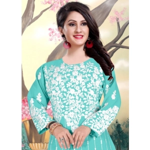 Generic Women's Georgette Printed Round Neck 3-4th Sleeve Kurti (Sky)