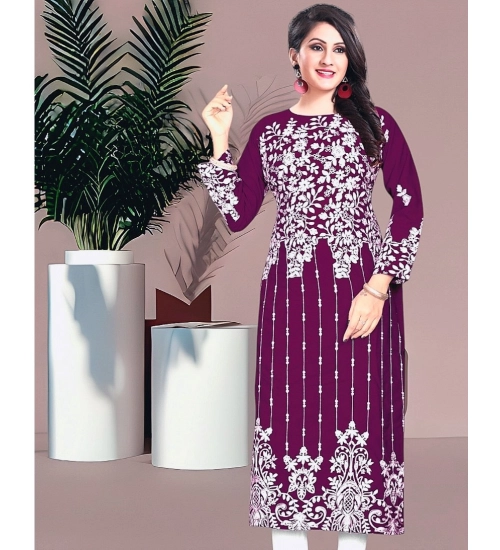 Women's Rayon Printed Round Neck 3-4th Sleeve Kurti (Purple)