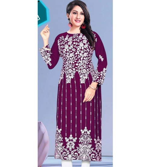 Women's Rayon Printed Round Neck 3-4th Sleeve Kurti (Purple)