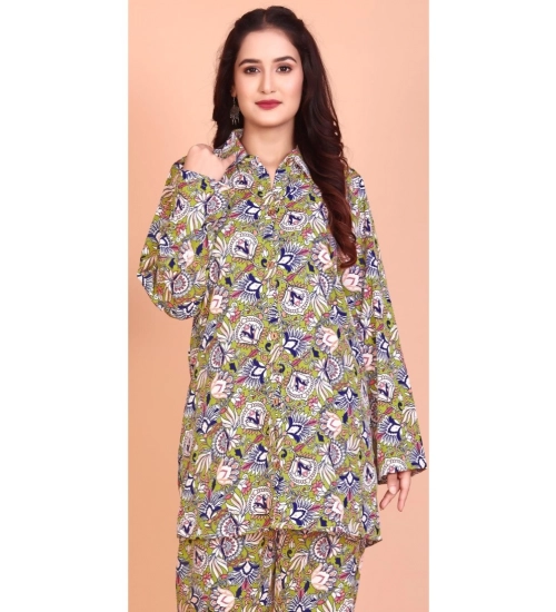 Women's Rayon Printed Mandarin Collar Full Sleeve Co Ord Set (Green)