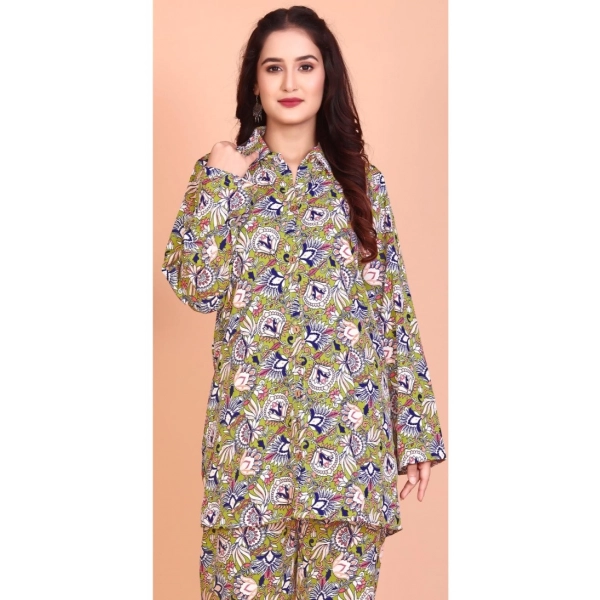 Dropship Women's Rayon Printed Mandarin Collar Full Sleeve Co Ord Set (Green)