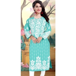 Women's Georgette Printed Round Neck 3-4th Sleeve Kurti (Sky)