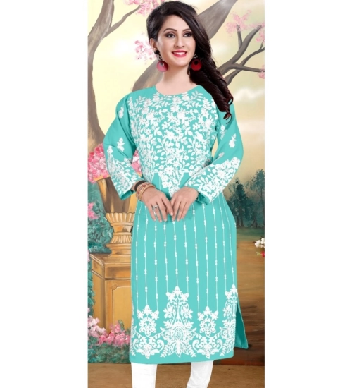 Women's Georgette Printed Round Neck 3-4th Sleeve Kurti (Sky)