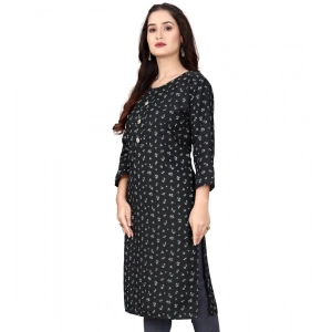 Generic Women's Rayon Printed Round Neck 3-4 th Sleeve Kurti (Black)