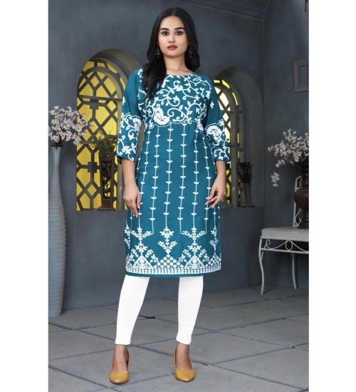 Women's Rayon Printed Round Neck 3-4th Sleeve Kurti (Rama)