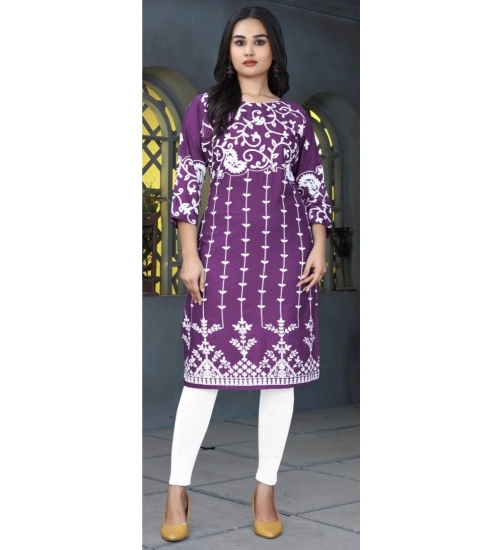 Women's Rayon Printed Round Neck 3-4th Sleeve Kurti (Purple)