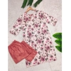 Dropship Women's Rayon Printed Round Neck 3-4th Sleeve Kurti With Pant Set (Peach)