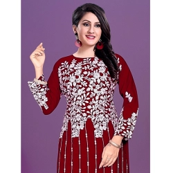 Women's Rayon Printed Round Neck 3-4th Sleeve Kurti (Maroon)
