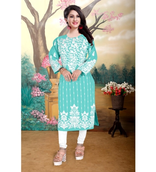 Women's Georgette Printed Round Neck 3-4th Sleeve Kurti (Sky)