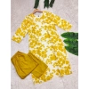 Dropship Women's Rayon Printed Round Neck 3-4th Sleeve Kurti With Pant Set (Yellow)