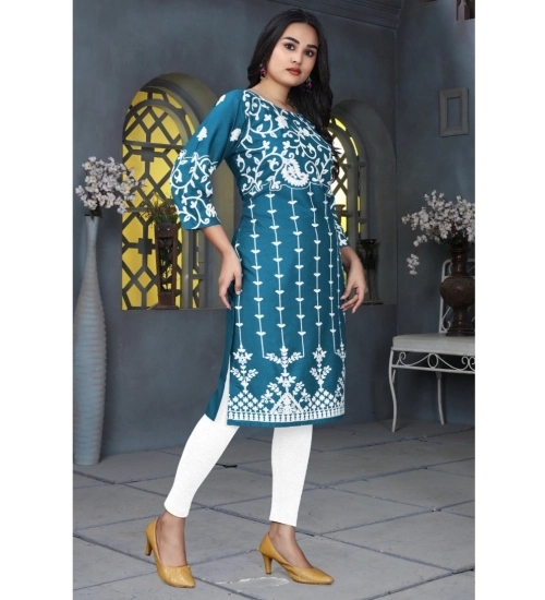 Women's Rayon Printed Round Neck 3-4th Sleeve Kurti (Rama)