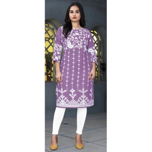 Generic Women's Rayon Printed Round Neck 3-4th Sleeve Kurti (Lavender)