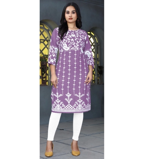 Women's Rayon Printed Round Neck 3-4th Sleeve Kurti (Lavender)