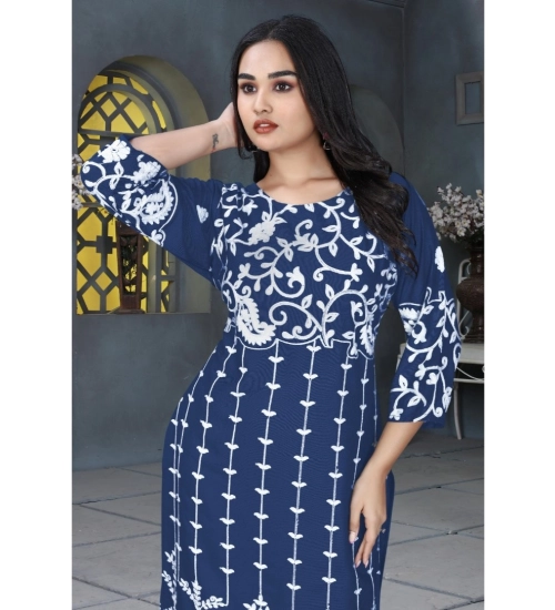 Women's Rayon Printed Round Neck 3-4th Sleeve Kurti (Blue)