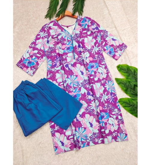 Women's Rayon Printed V Neck 3-4th Sleeve Kurti With Pant Set (Purple)
