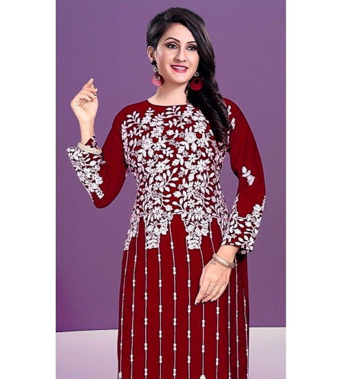 Women's Rayon Printed Round Neck 3-4th Sleeve Kurti (Maroon)