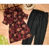 Dropship Women's Muslin Printed Mandarin Collar 3-4 th Sleeve Kurti With Pant Set (Black)