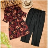 Dropship Women's Muslin Printed Mandarin Collar 3-4 th Sleeve Kurti With Pant Set (Black)