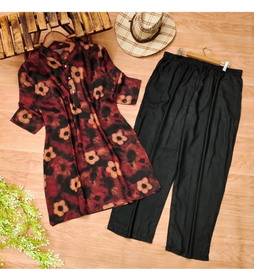 Women's Muslin Printed Mandarin Collar 3-4 th Sleeve Kurti With Pant Set (Black)