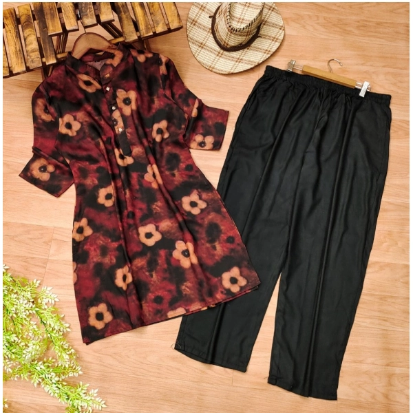 Dropship Women's Muslin Printed Mandarin Collar 3-4 th Sleeve Kurti With Pant Set (Black)