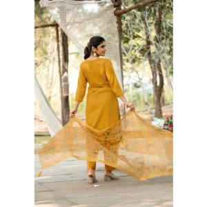 Generic Women's Rayon Printed Round Neck Kurti with Pant and Dupatta Set (Mustard yellow)