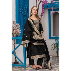 Generic Women's Cotton Blend Printed Round Neck Kurti with Pant and Dupatta Set (Black)