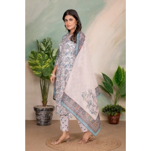 Generic Women's Cotton Blend Printed V Neck Kurti with Pant and Dupatta Set (Light Pink)