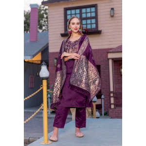 Generic Women's Cotton Blend Printed Round Neck Kurti with Pant and Dupatta Set (Purple)
