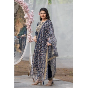 Generic Women's Rayon Printed V Neck Kurti with Pant and Dupatta Set (Navy Blue)