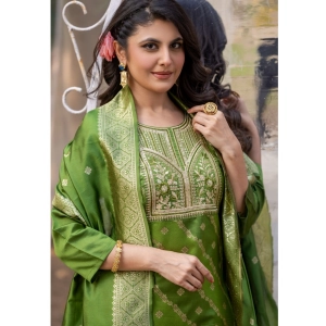 Generic Women's Polyster Printed Round Neck Kurti with Pant and Dupatta Set (Green)
