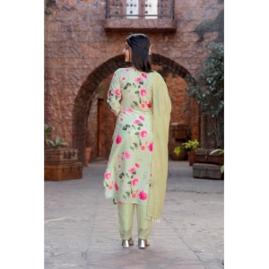 Generic Women's Cotton Blend Printed Round Neck Kurti with Pant and Dupatta Set (Green)