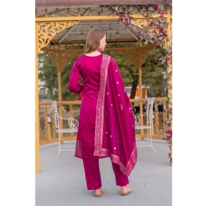 Generic Women's Cotton Blend Printed Round Neck Kurti with Pant and Dupatta Set (Pink)