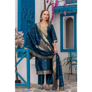 Generic Women's Cotton Blend Printed Round Neck Kurti with Pant and Dupatta Set (Blue)