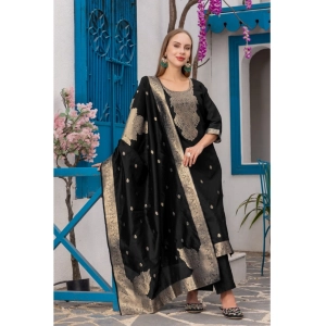 Generic Women's Cotton Blend Printed Round Neck Kurti with Pant and Dupatta Set (Black)