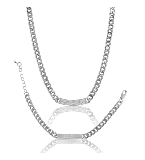 Women's Stainless Steel Silver Polish Hand Bracelet And Necklace (Silver Plated)