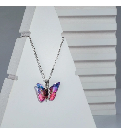 Women's Stainless Steel Colorful Butterfly Pendent Dailywear chain (Silver Plated) Women's Stainless Steel Colorful Butterfly Pendent Dailywear chain (Silver Plated)