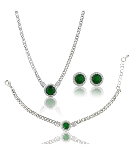 Women's Stainless Steel Green Color Silver Chain Western Combo Jewelry (Silver Plated)