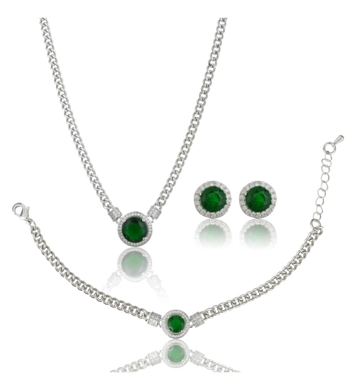 Women's Stainless Steel Green Color Silver Chain Western Combo Jewelry (Silver Plated)