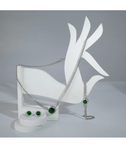 Women's Stainless Steel Green Color Silver Chain Western Combo Jewelry (Silver Plated)