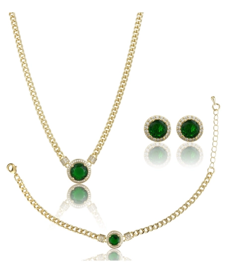 Women's Stainless Steel Green Color Golden Chain Western Combo Jewelry (Gold Plated)